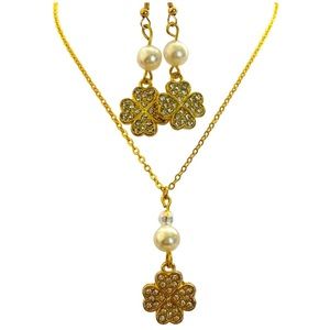 Gold plated lucky four leaf clover hook earrings necklace set faux white pearls